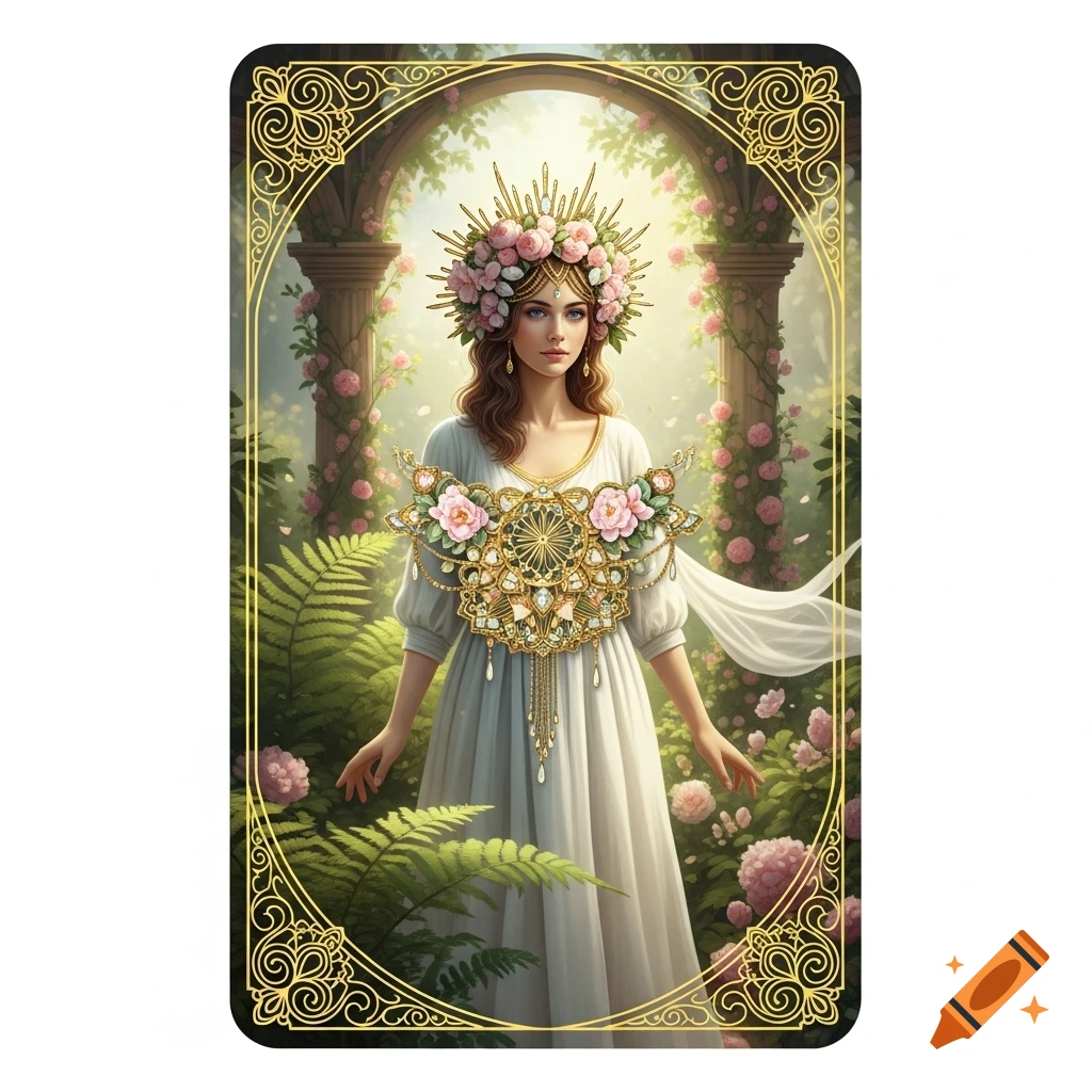 Regal woman with a flower crown and intricate golden chest ornament in a lush botanical garden, framed by ornate gold.