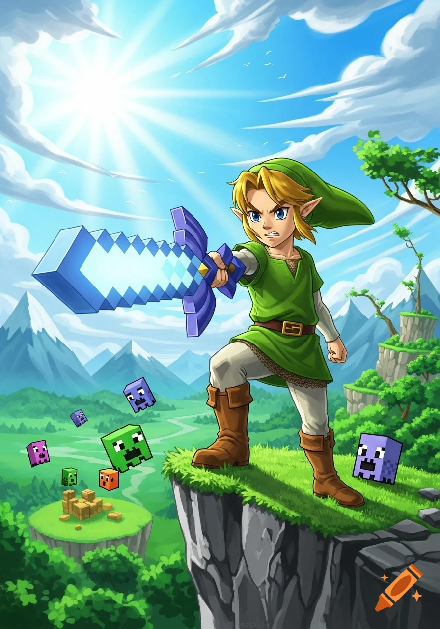 Link from Zelda, wielding an oversized pixelated sword dramatically in a vibrant fantasy landscape with Minecraft-style creatures under a bright sky.