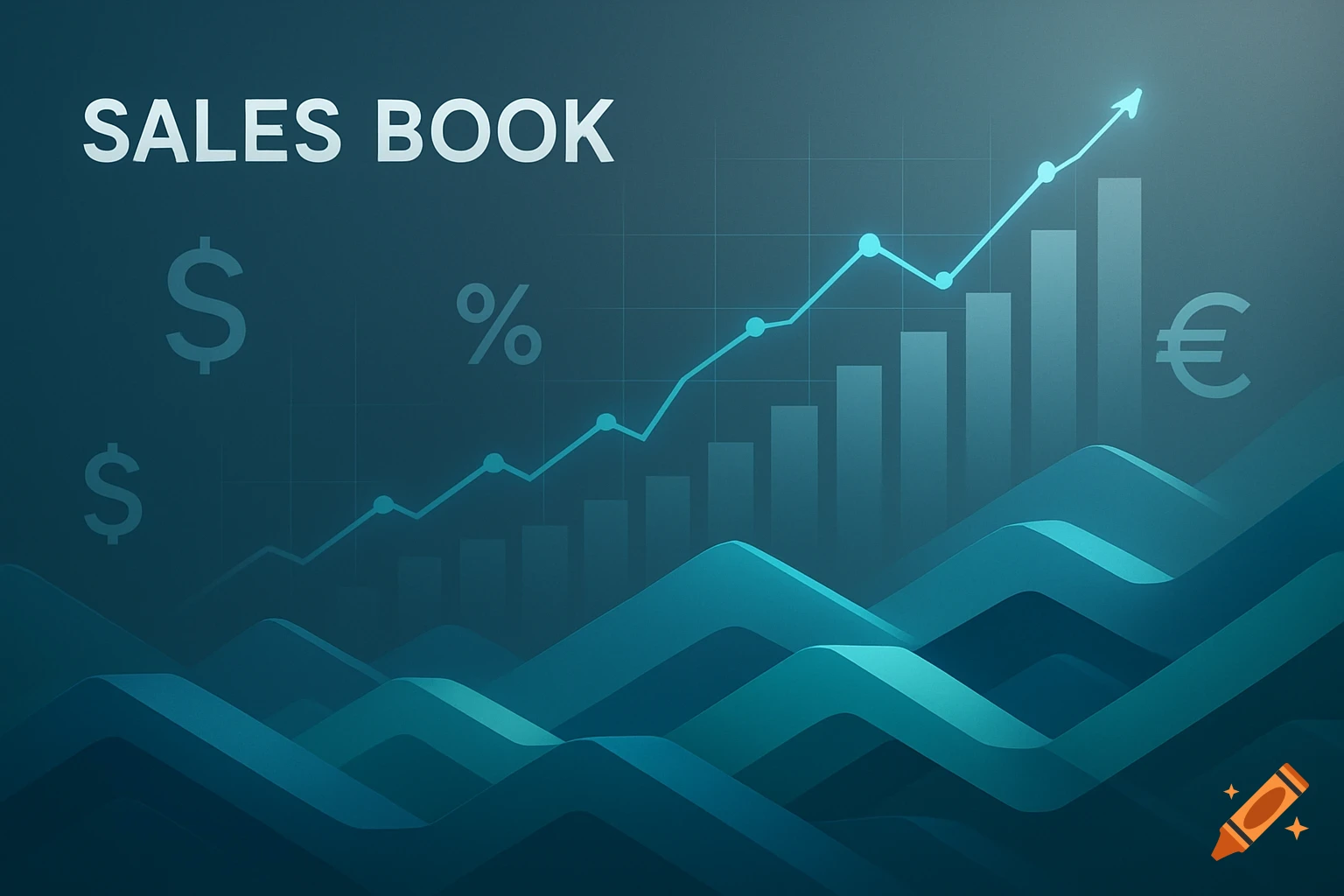 Digital illustration of an upward-trending sales graph with currency symbols, percentage sign, and 'SALES BOOK' text on a dark blue background.