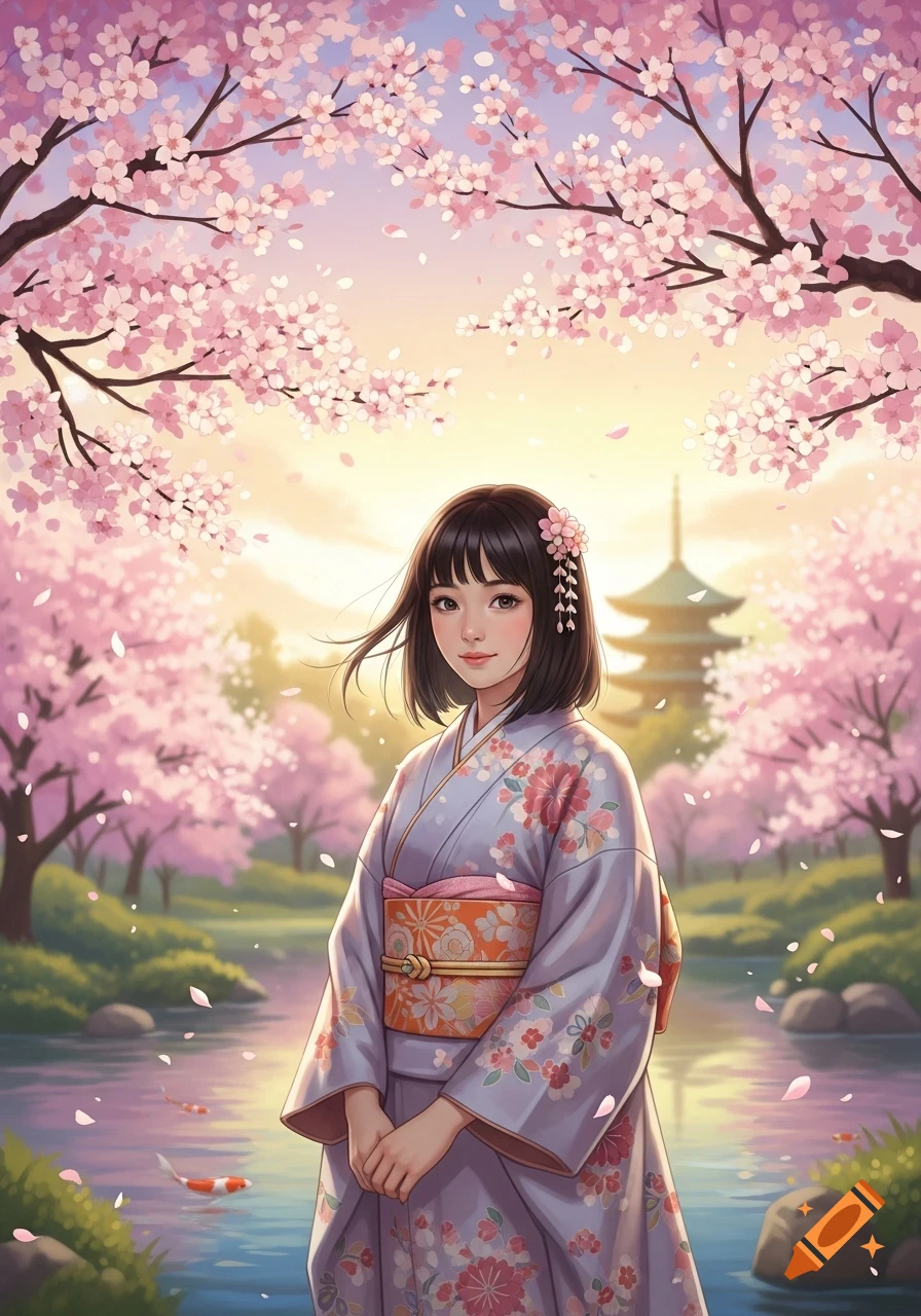 An anime-style Japanese girl in a kimono stands smiling in a vibrant cherry blossom garden with a pagoda and a stream.