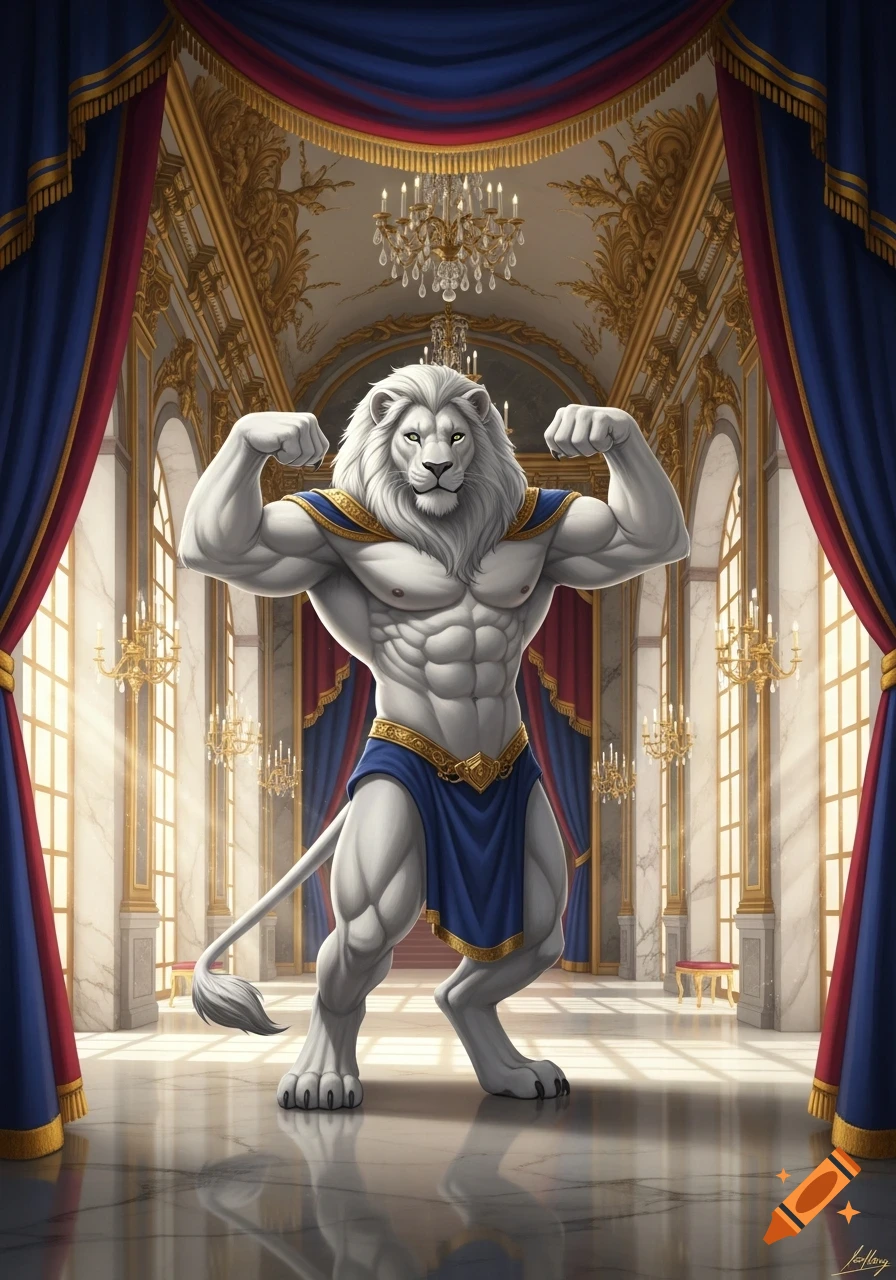 A muscular anthropomorphic white lion flexing in a lavish, golden palace with red and blue drapes.