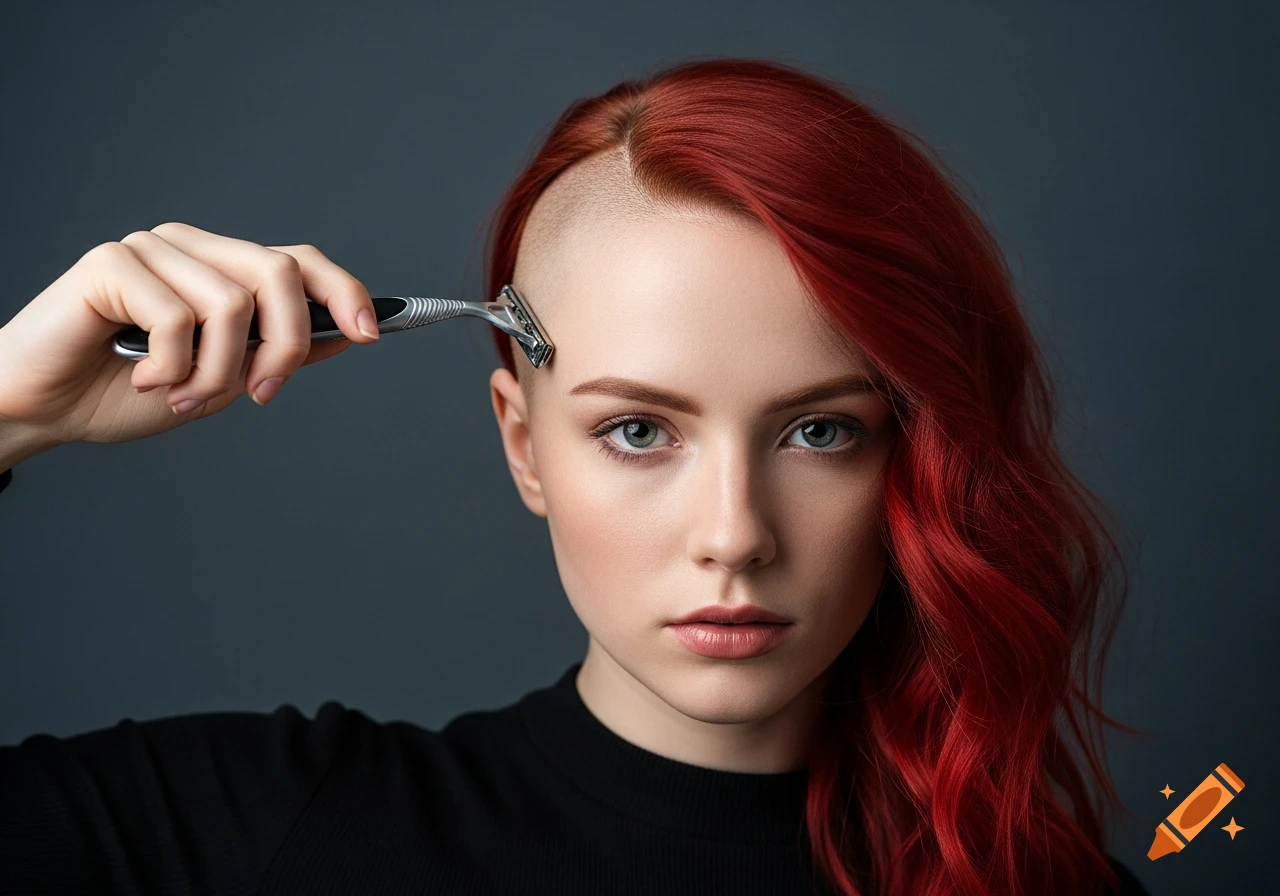 Red-haired woman shaves her half-bald head with a razor, looking directly at the viewer.