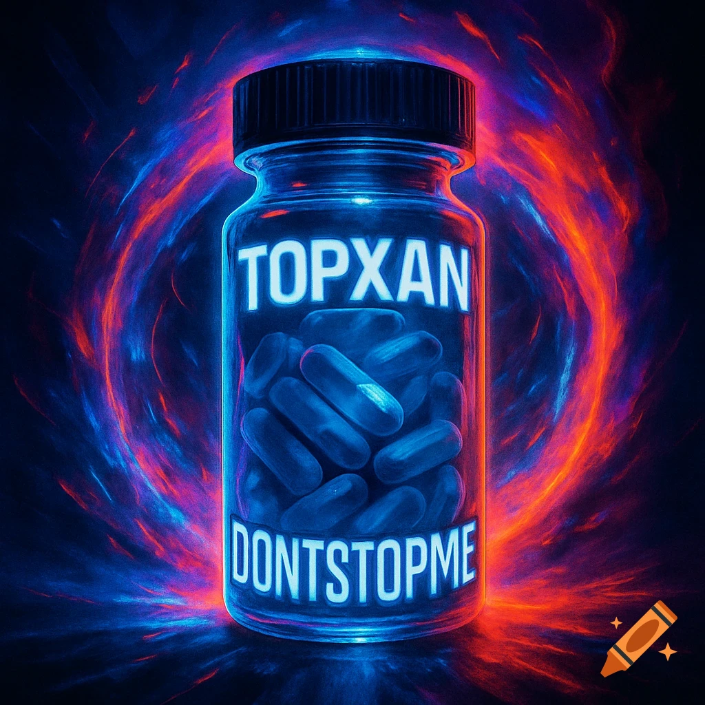 A neon blue bottle of pills labeled 'TOPXAN DONTSTOPME' glows against a swirling red and blue energy background.
