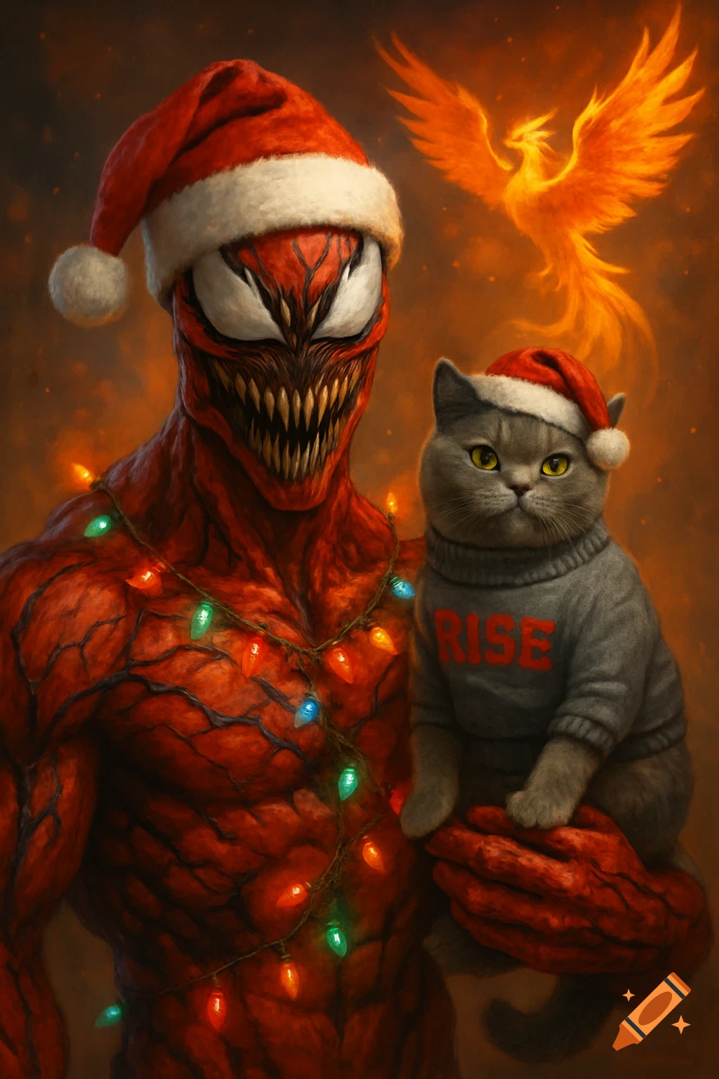 Red symbiote Carnage, wearing a Santa hat and Christmas lights, holds a grey cat in a Santa hat and 'RISE' sweater, with a fiery phoenix in the background.