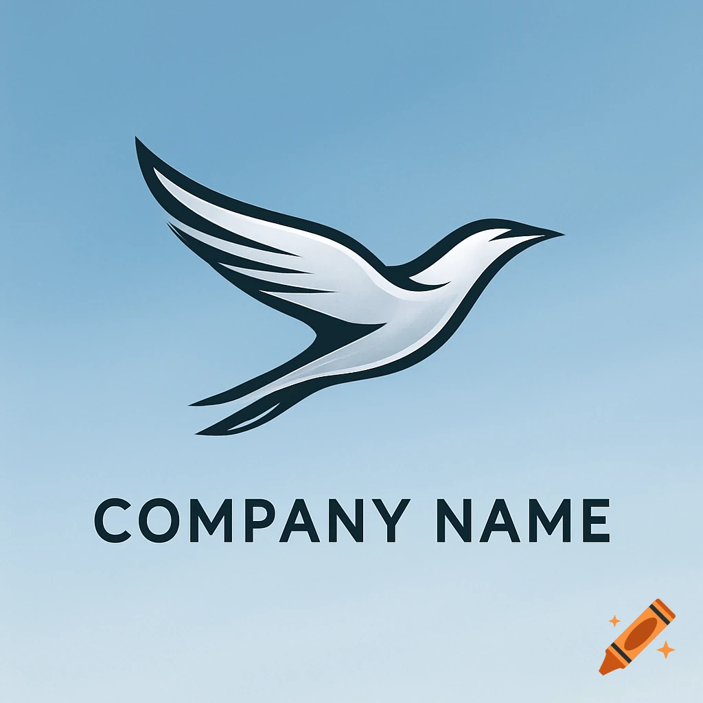 A stylized white and black bird logo flying, above the words 'COMPANY NAME', against a blue gradient background.