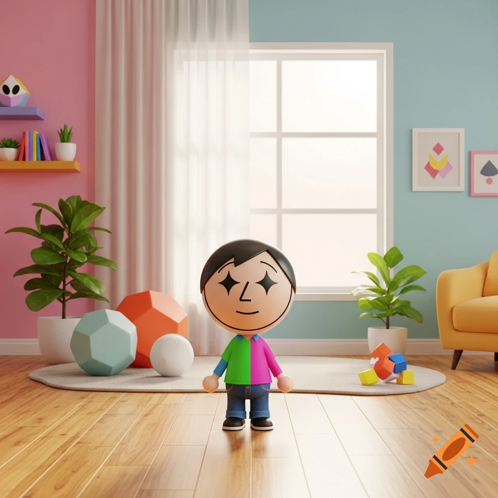 A 3D rendered Mii-like character with sparkly eyes and a multicolored shirt stands in a brightly colored room with plants and geometric decor.