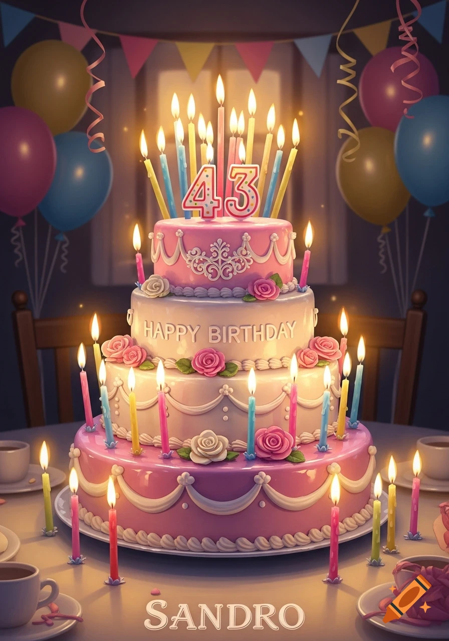 A festive three-tier pink and white birthday cake with lit candles, '43' numerical candles, 'HAPPY BIRTHDAY' text, and 'SANDRO' on the base, surrounded by balloons and party decorations.