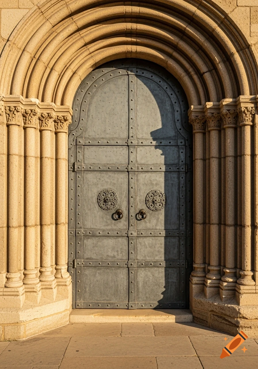 A photorealistic full frontal view of a worn medieval metal door with decorative rings within a rounded stone archway.