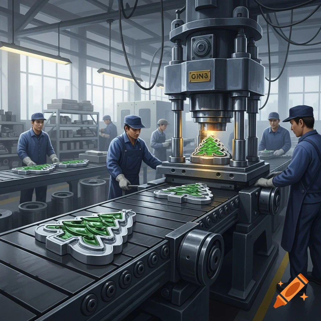 Workers in a factory operating a heavy press machine, creating green Christmas tree shaped molds that move along a conveyor belt.
