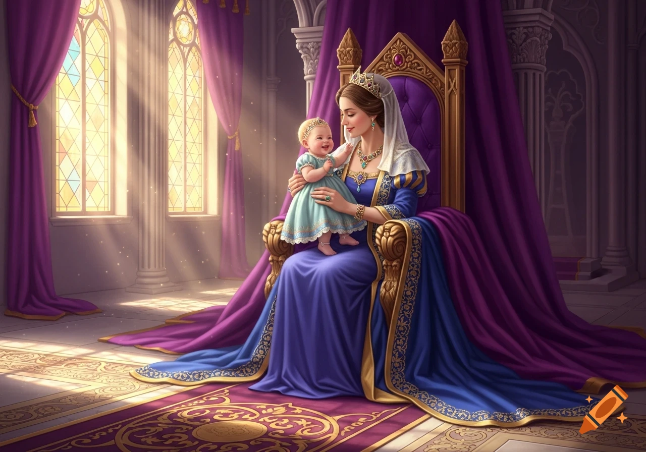A queen on a grand purple throne gently holds a smiling baby princess in a sunlit palace room, illuminated by stained glass windows.