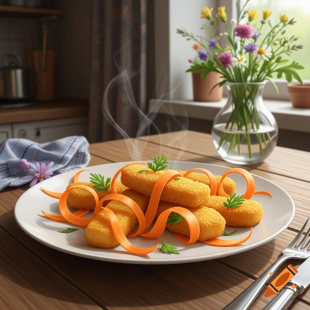 Plate of hot fish sticks with carrot ribbons and parsley on a wooden table, with wildflowers in a vase in the background.