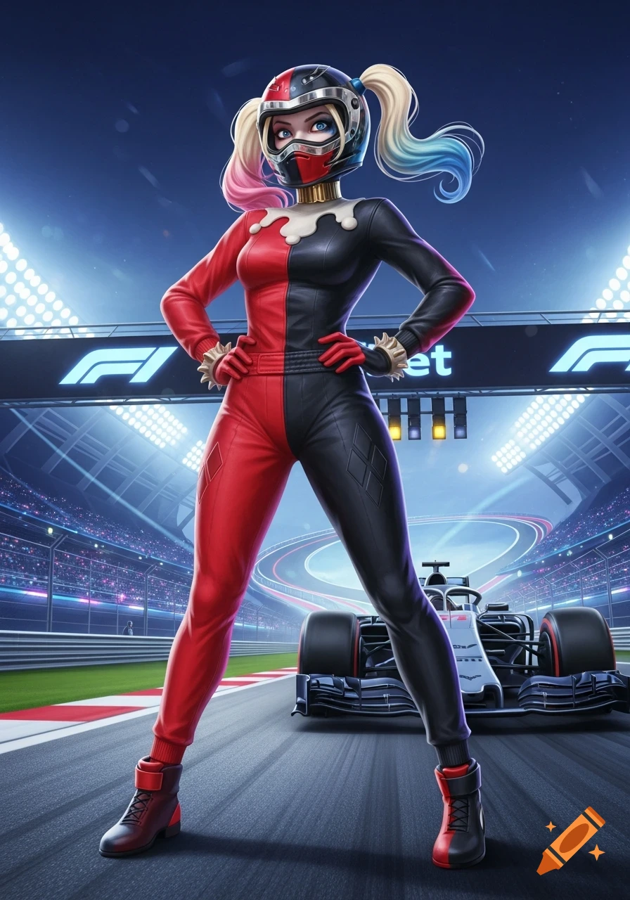 Animated Harley Quinn in a red and black F1 race suit and helmet, standing on a brightly lit racetrack with an F1 car.