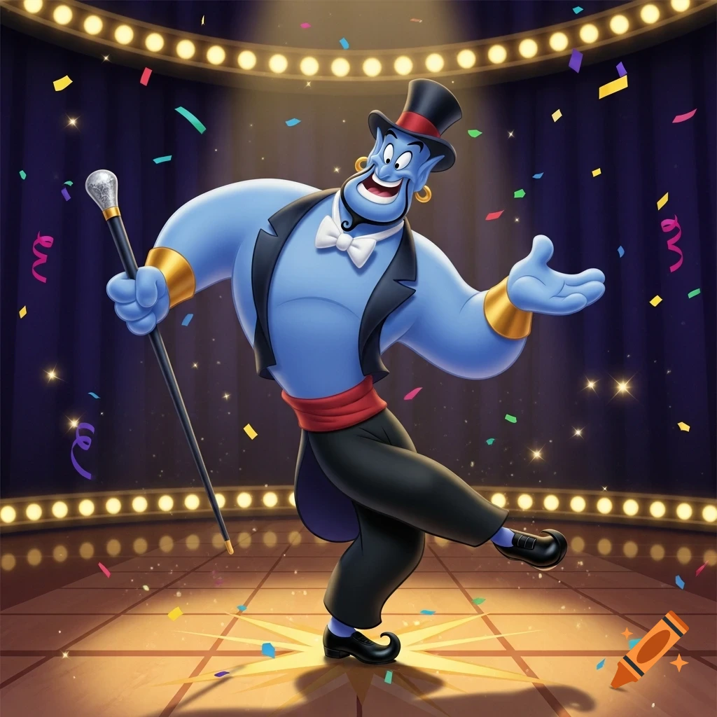 A cartoon genie from Aladdin tap dancing on a stage, wearing a black top hat and tuxedo, holding a cane, with confetti falling.
