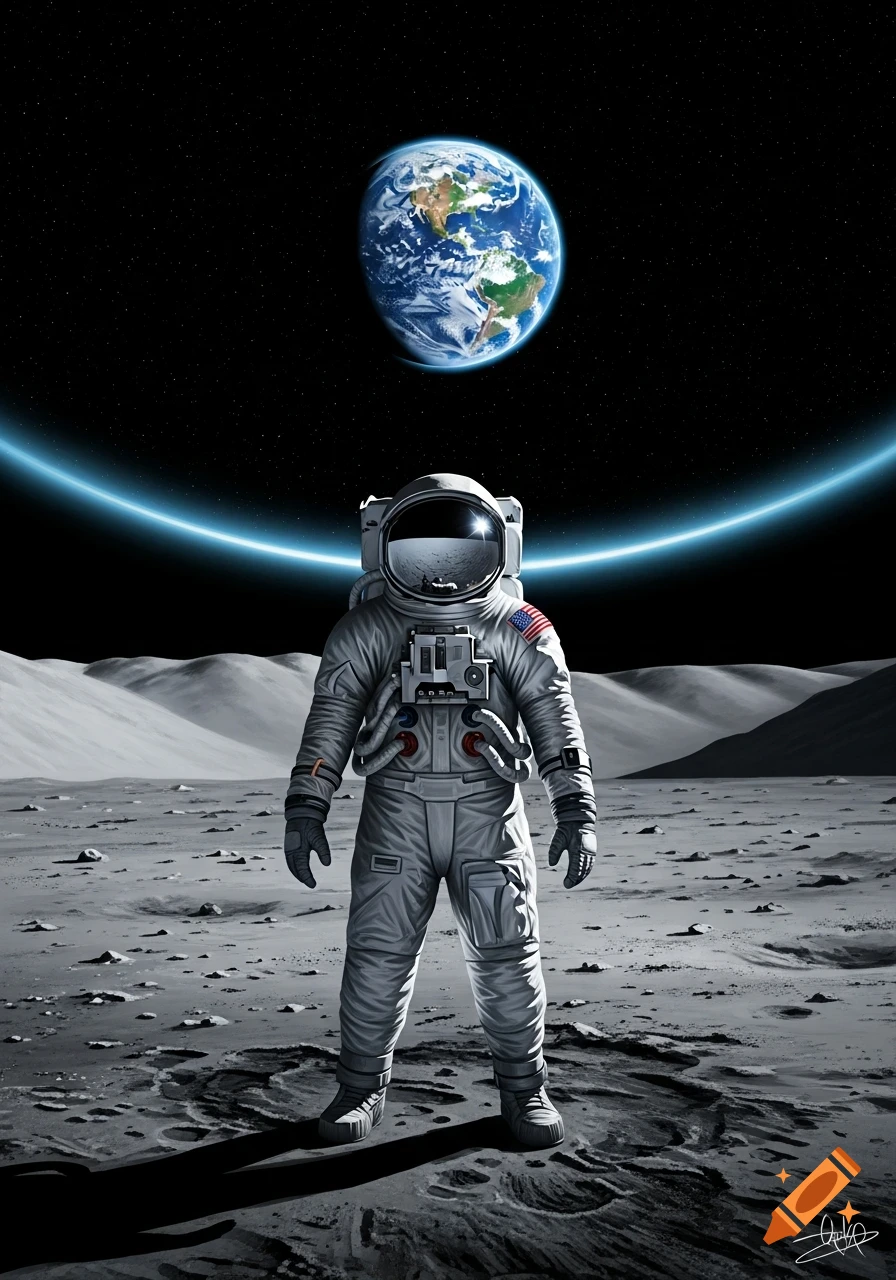 An astronaut stands on the moon's surface, with Earth and a glowing blue arc in the dark starry sky.