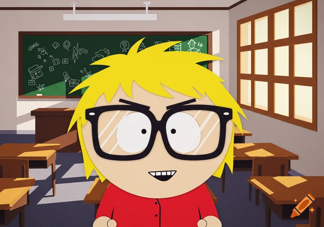 A South Park-style 2nd grader with black glasses and spiky blonde hair smiles in a classroom with a blackboard and desks.