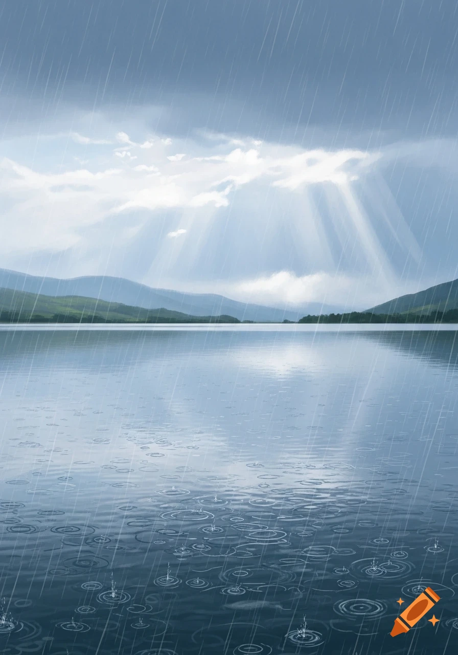 Rain falls on a calm lake with circular ripples, surrounded by green mountains under a cloudy sky with sun rays breaking through.