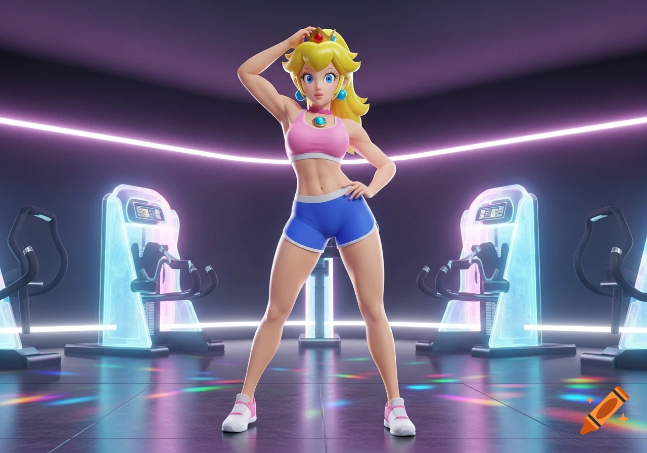 Princess Peach in a pink sports bra and blue shorts poses