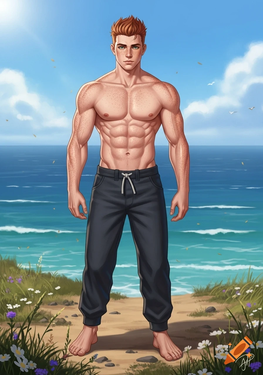 Anime illustration of a shirtless, muscular man with red hair and freckles, wearing dark pants, standing on a beach with the ocean behind him.