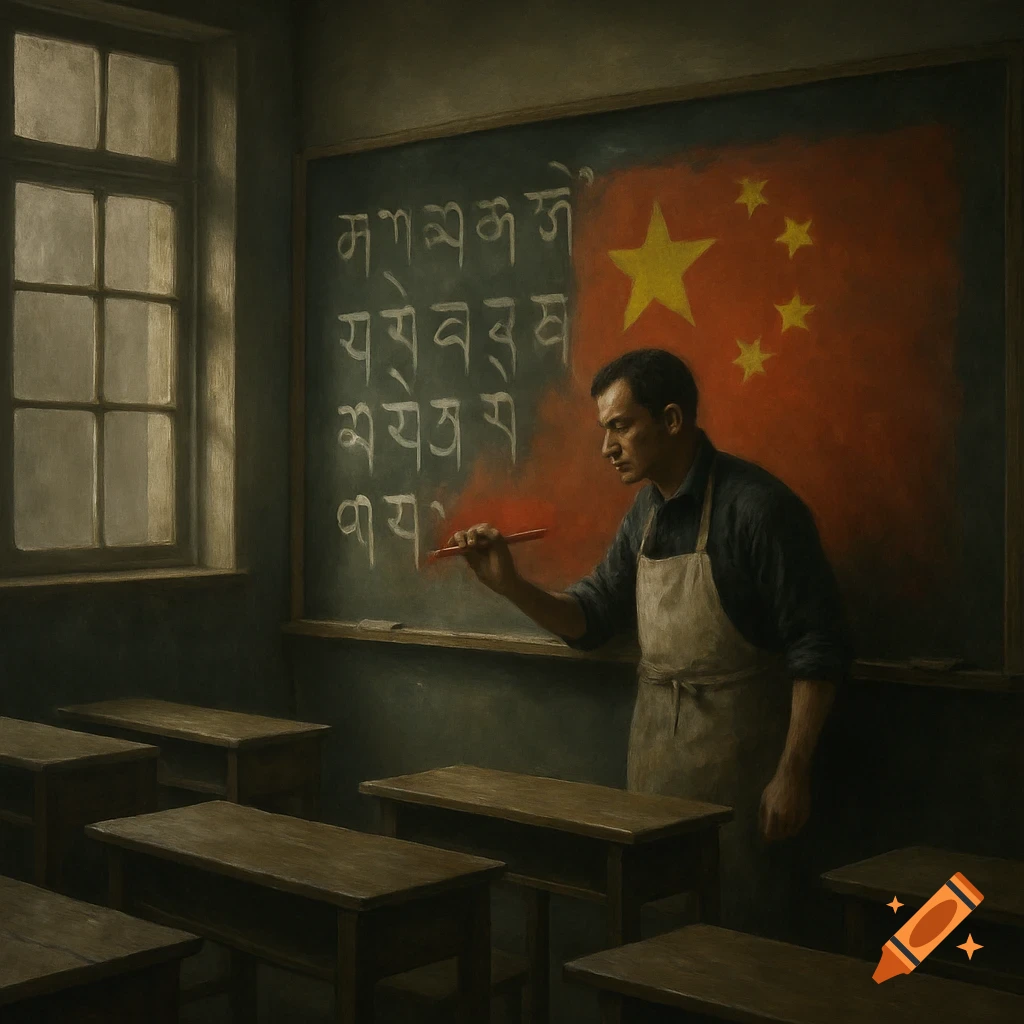 A man in an apron paints a large red Chinese flag with yellow stars over Tibetan script on a blackboard in a dimly lit classroom, capturing a somber, painterly scene.