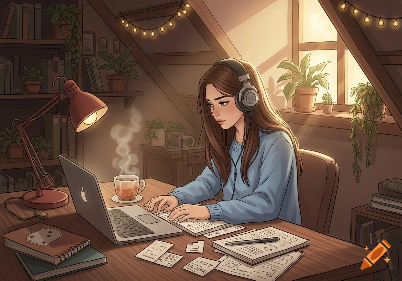 An anime-style girl with headphones sits at a cluttered desk, typing on a laptop with a steaming mug nearby, in a cozy attic room with string lights and plants.
