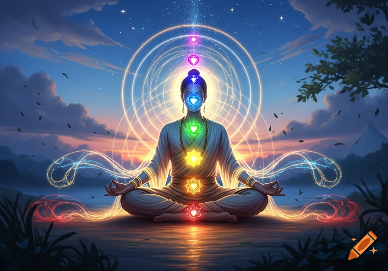A person meditating in lotus position with glowing chakras along their body, surrounded by light trails, against a sunset sky.