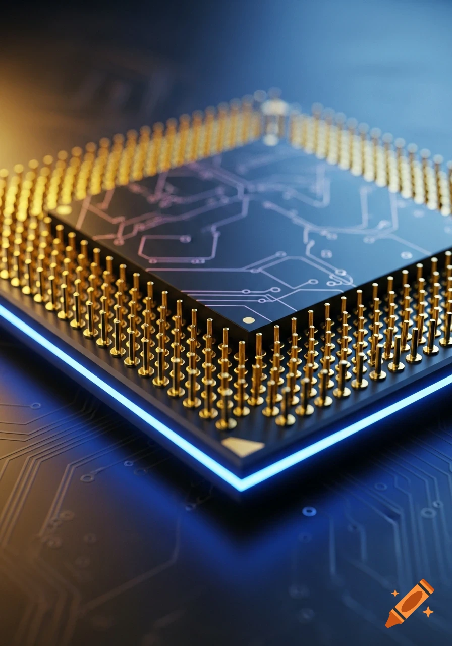 Close-up of a computer CPU with gold pins, a dark surface showing circuit patterns, and a glowing blue outline.