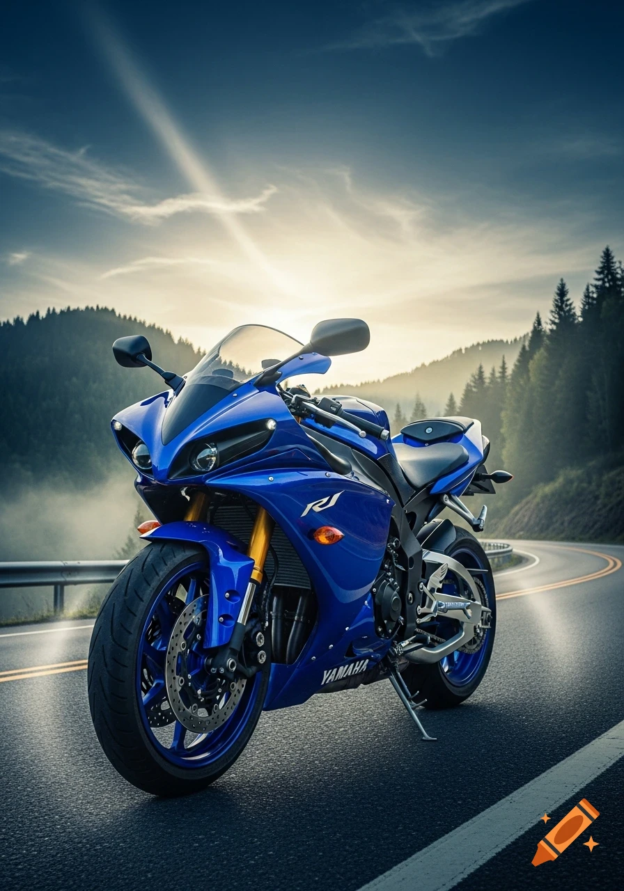 A blue Yamaha R1 sport motorcycle is parked on a winding mountain road during sunrise or sunset, with forest-covered hills in the background. Photorealistic style.