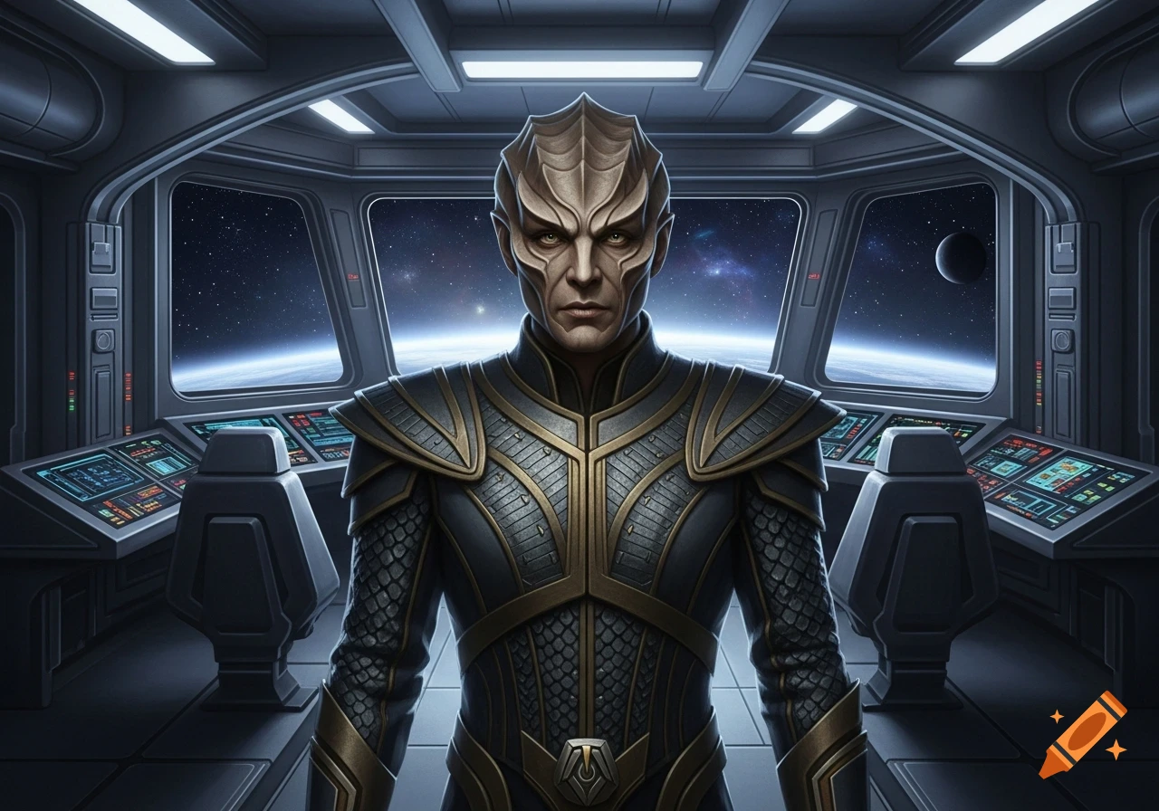 A serious Cardassian alien in a detailed spaceship cockpit with planets visible outside the windows.