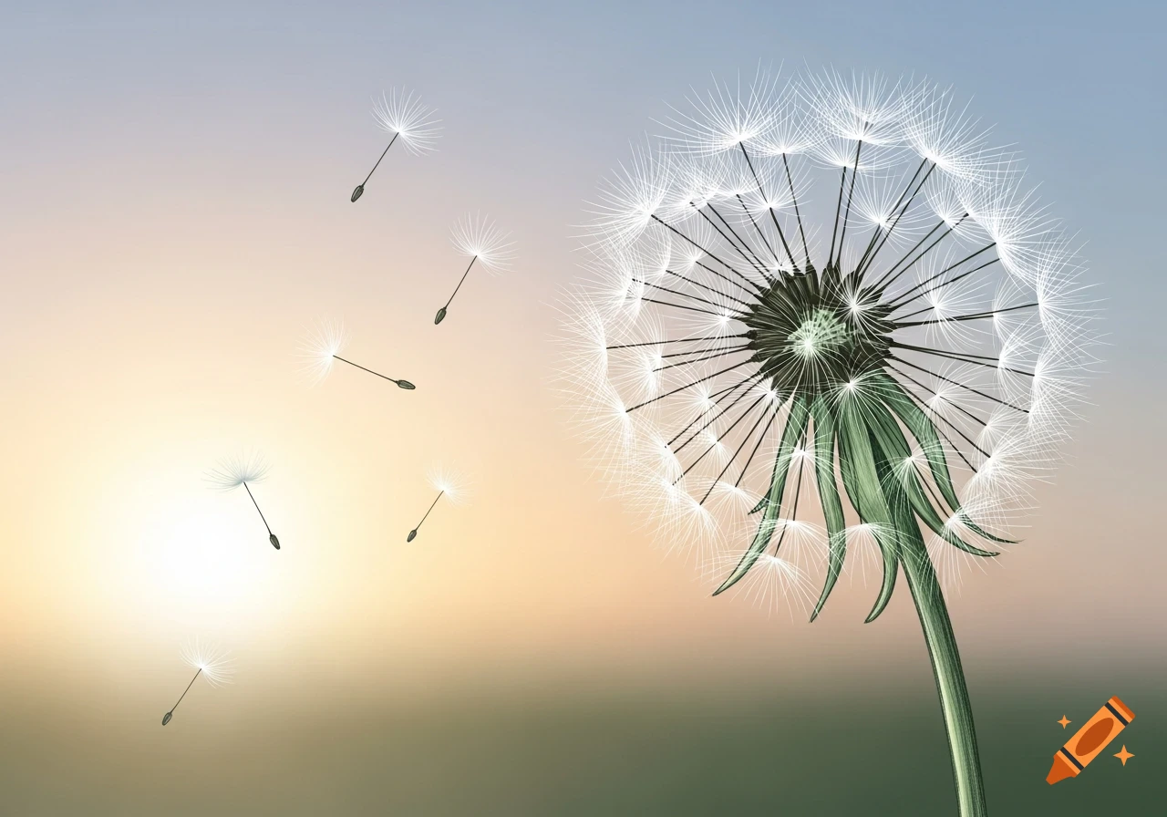 A stylized dandelion in full seed, with several seeds floating away from it against a soft gradient sky.