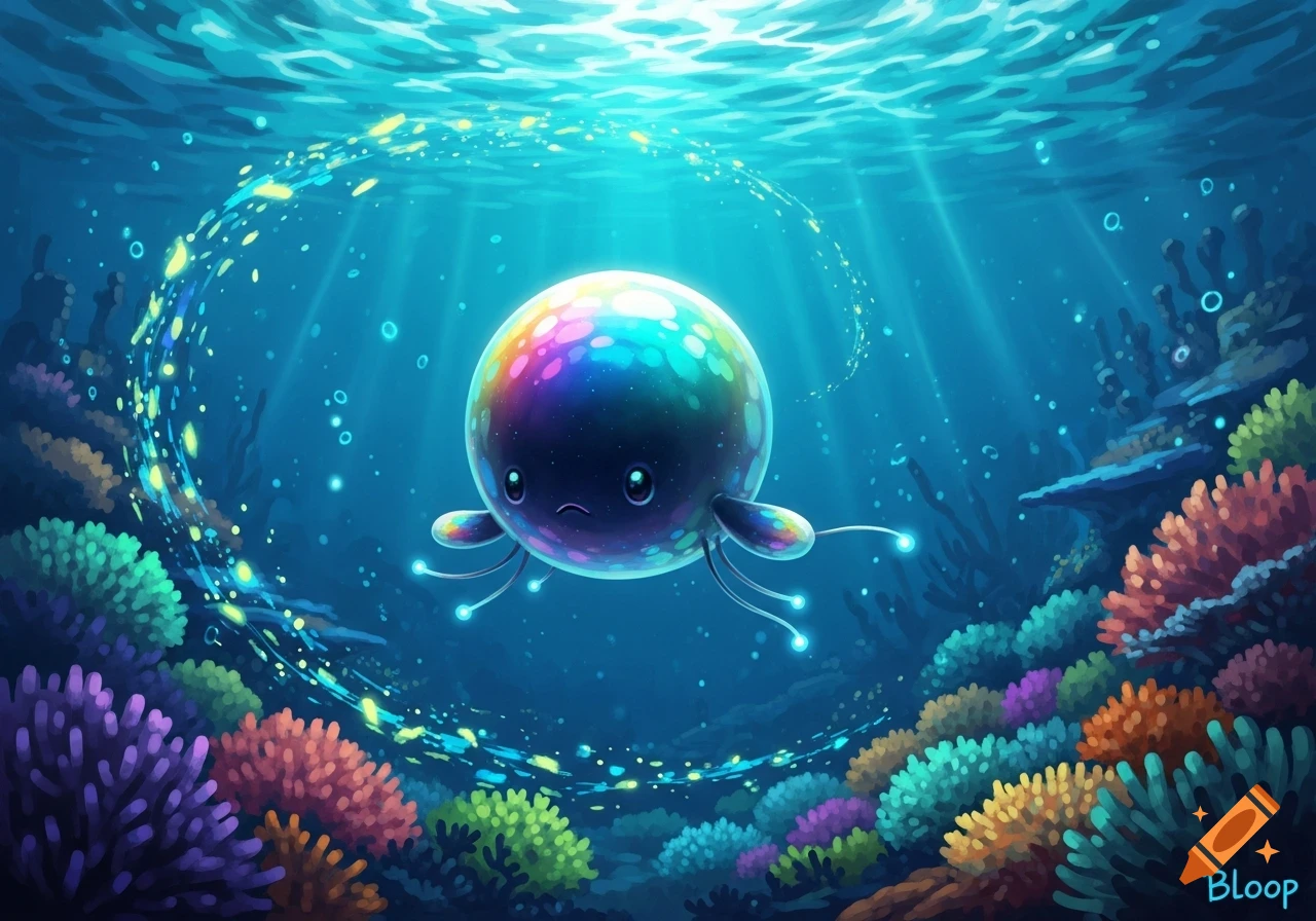 A colorful, glowing spherical creature with sad eyes and small tentacles swims in a vibrant coral reef underwater, surrounded by glowing particles.