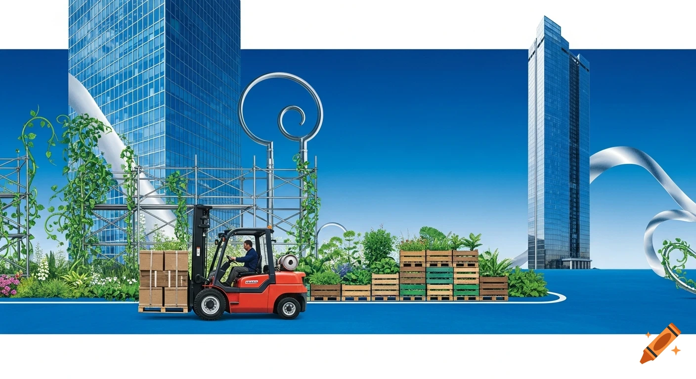 A red forklift carries boxes through a surreal landscape with scaffolding, plants in crates, and tall blue skyscrapers under a bright blue sky.