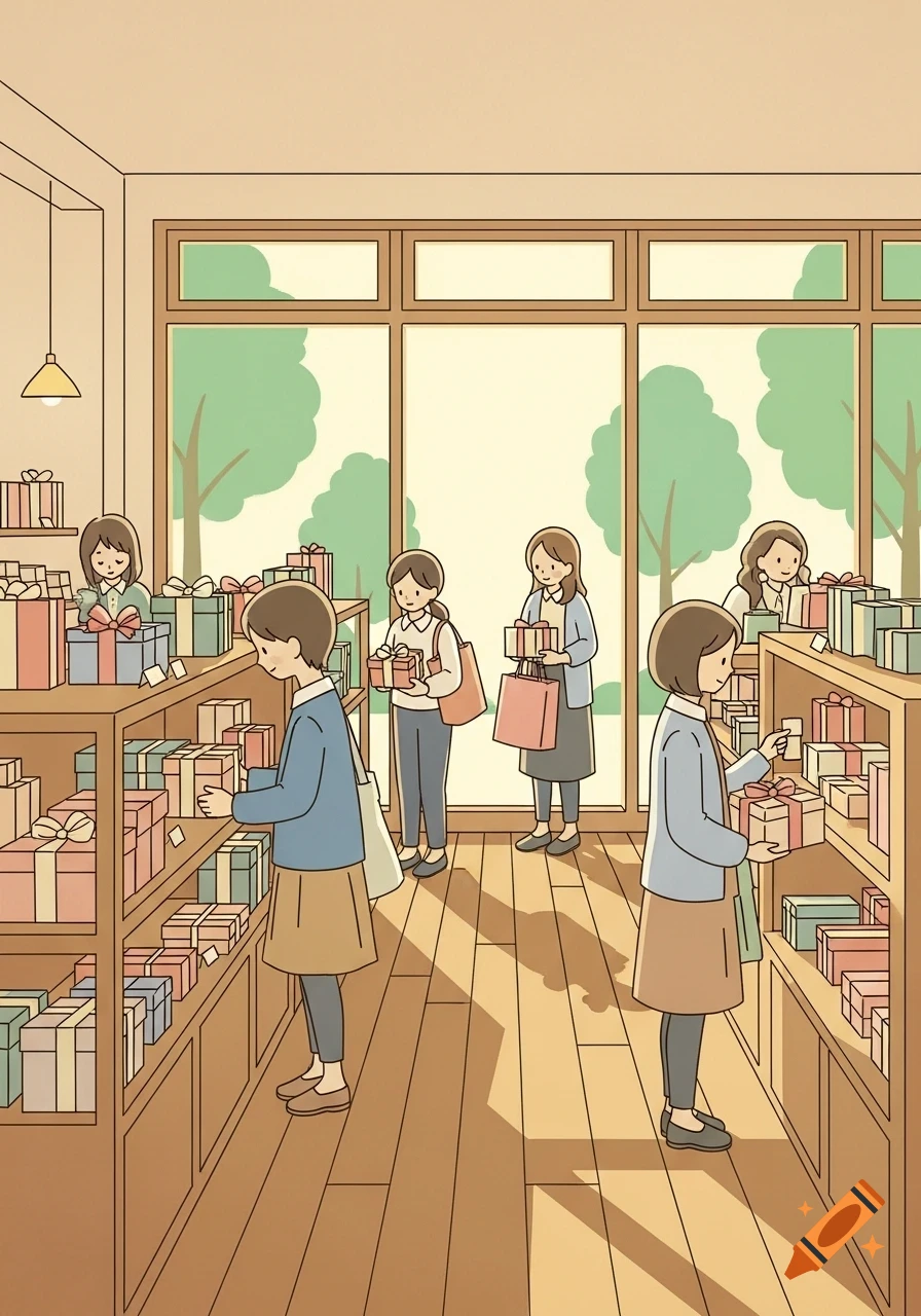 Animated illustration of women shopping for gifts in a cozy store.