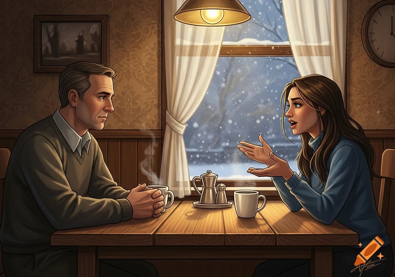 Illustrated scene of a man listening to a woman gesturing and talking at a wooden table, with snow falling outside a window.