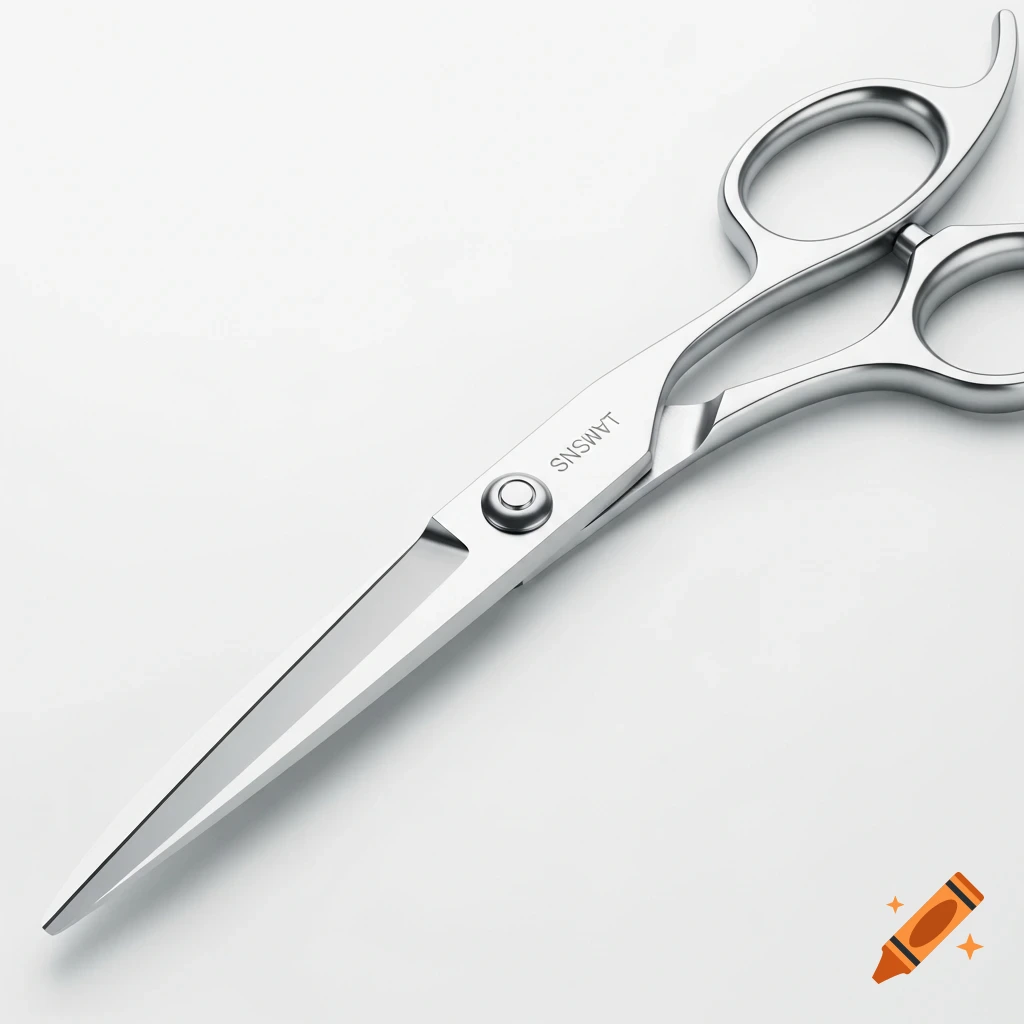 A realistic close-up of shiny stainless steel scissors with sharp blades on a white background.