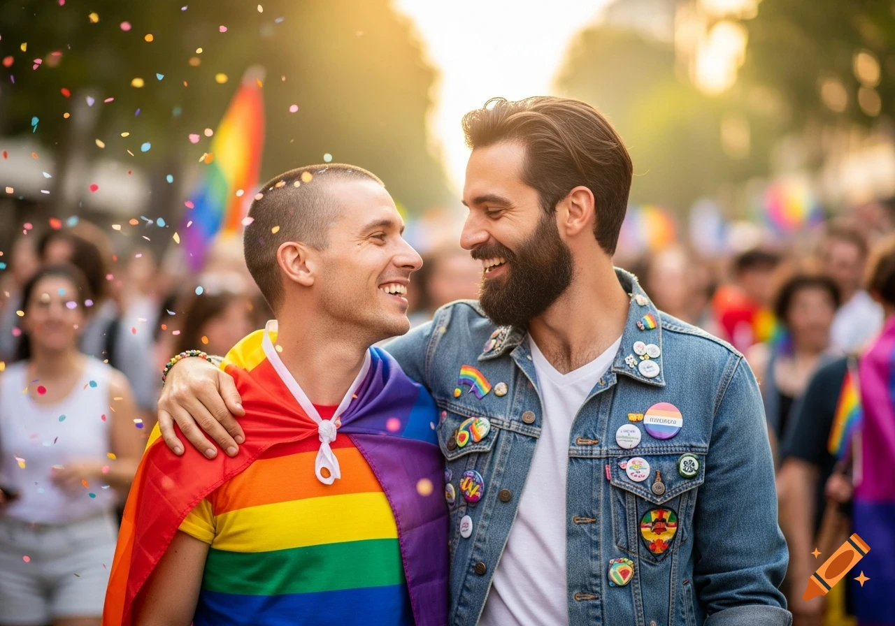 Two smiling men embrace during a pride parade with confetti falling, one wearing a rainbow flag and the other a denim jacket with pins.