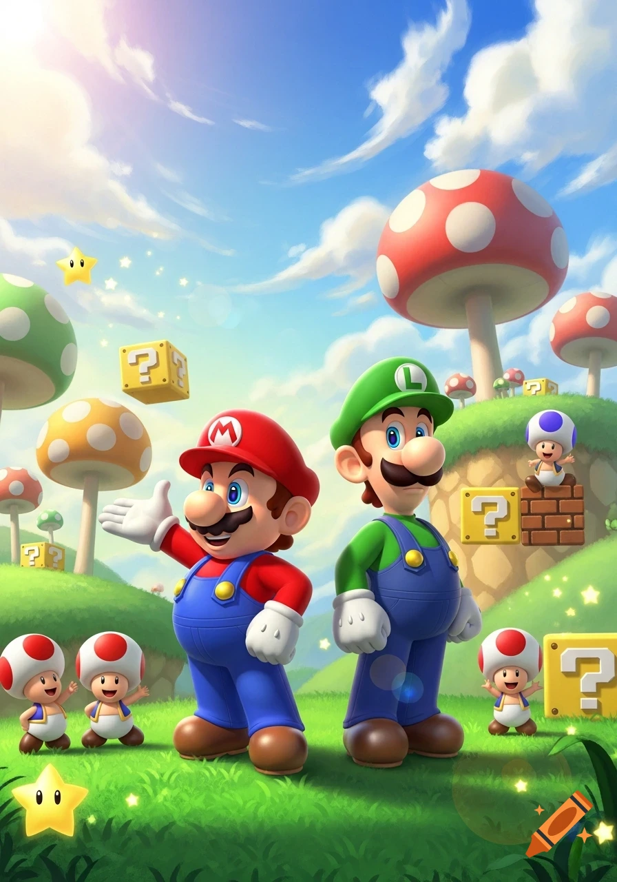 Mario and Luigi stand in a vibrant cartoon landscape with various Toads, question mark blocks, and large mushrooms under a sunny, cloudy sky.