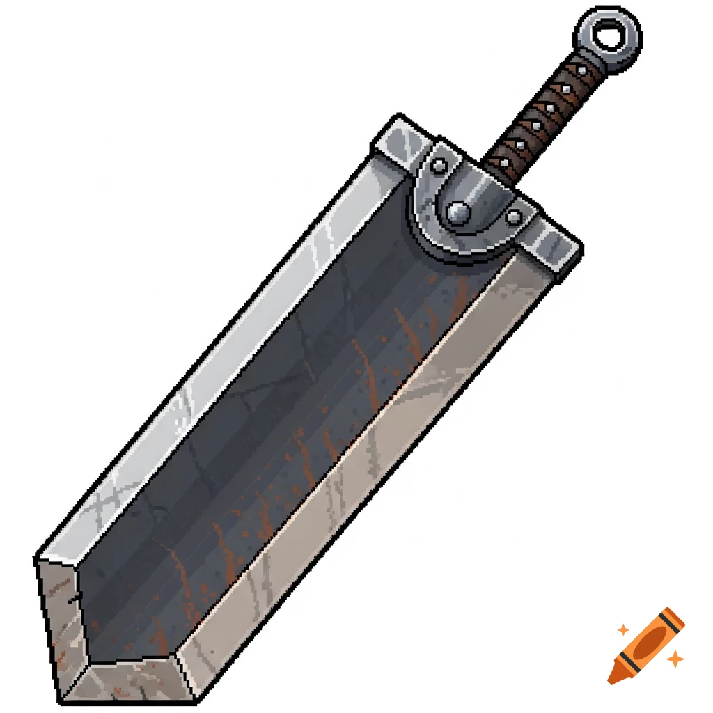 A large, brutal pixel art sword with a dark, worn blade and a simple hilt, inspired by Berserk.