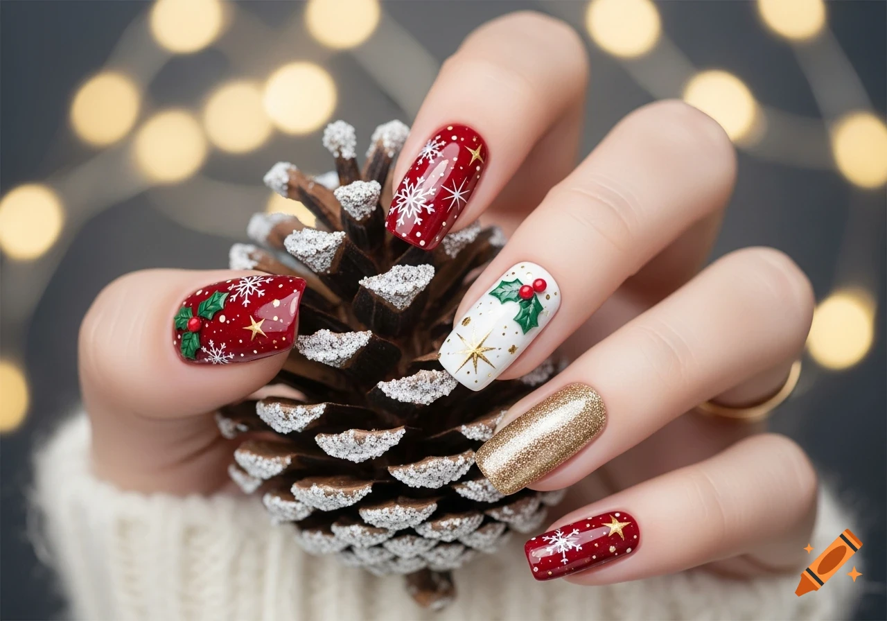A hand with red, white, and gold Christmas nail art, decorated with snowflakes, holly, and stars, holding a frosted pinecone.