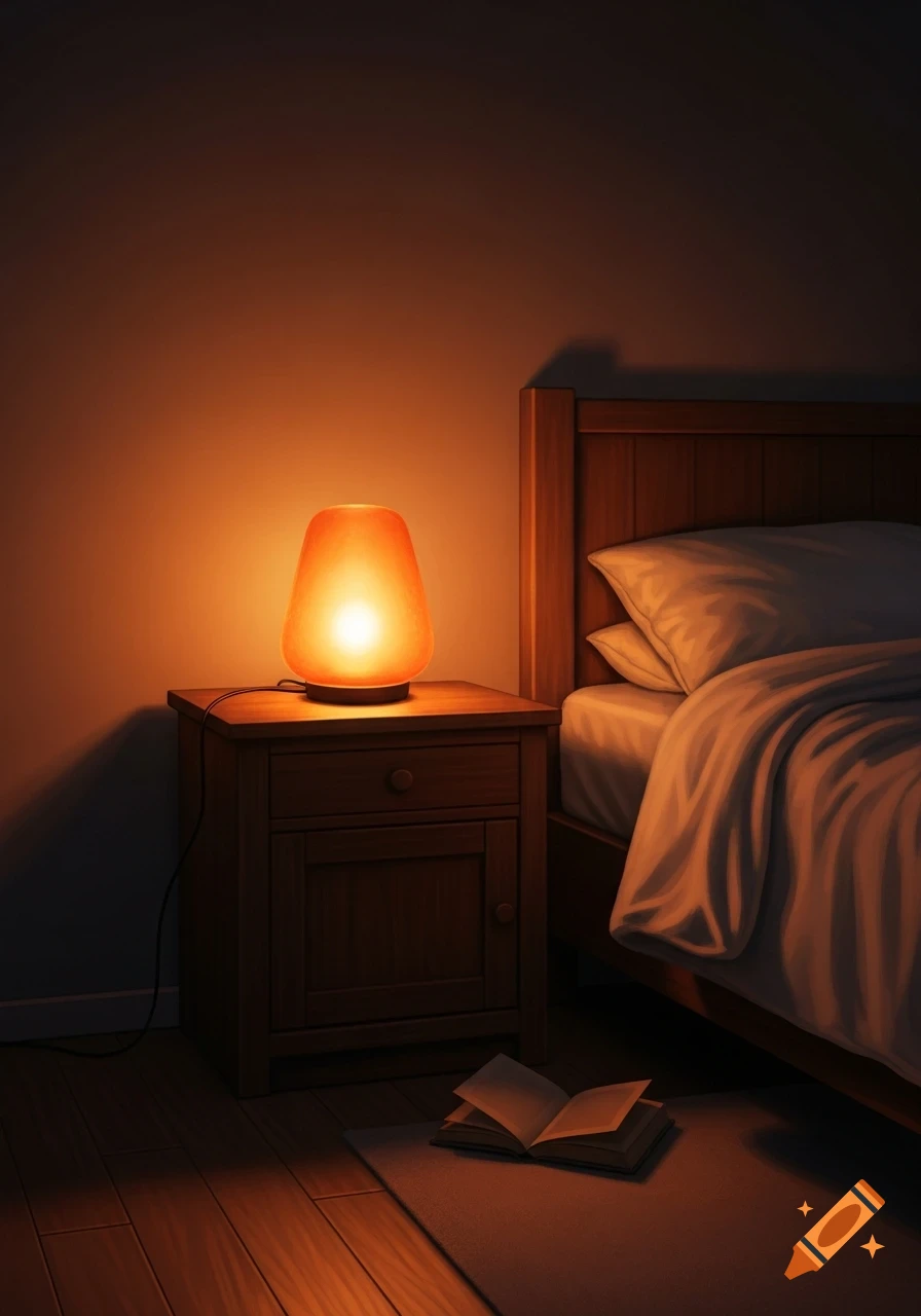 A glowing orange bedside lamp sits on a wooden nightstand next to a bed in a dim room, with an open book on the floor.