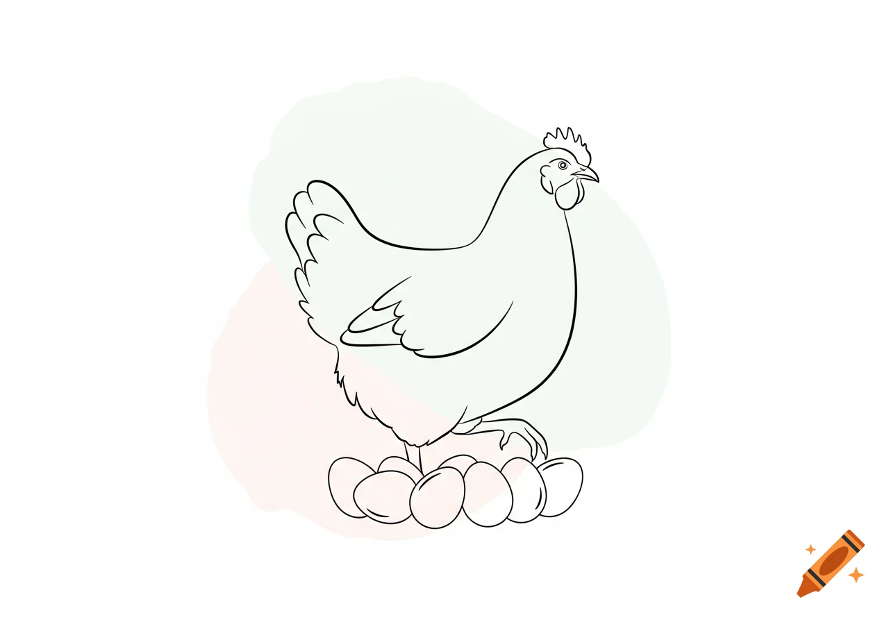 An outline drawing of a chicken sitting on a nest of eggs, with soft colored splotches in the background.