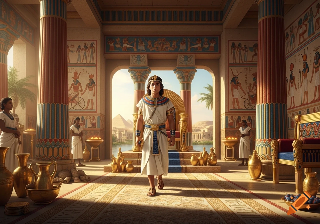 A young Moses in princely Egyptian garments walks through a grand palace with ornate columns, murals, and gold vessels, with pyramids visible outside.
