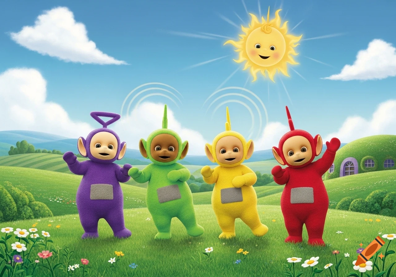 Four colorful Teletubbies stand in a bright green meadow with flowers, under a blue sky with a smiling sun and distant hills.