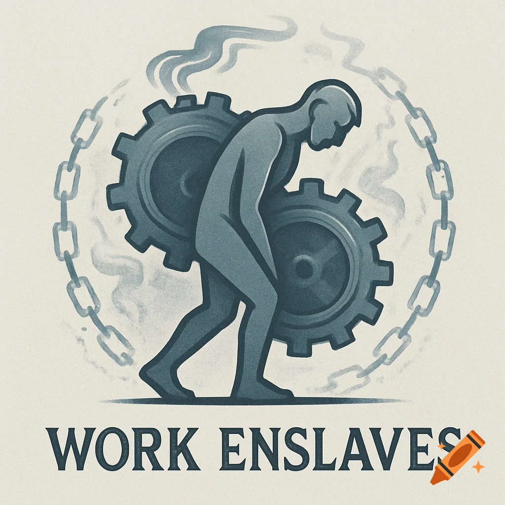 Stylized illustration of a burdened figure carrying gears within a chain, with the text 'WORK ENSLAVES'.
