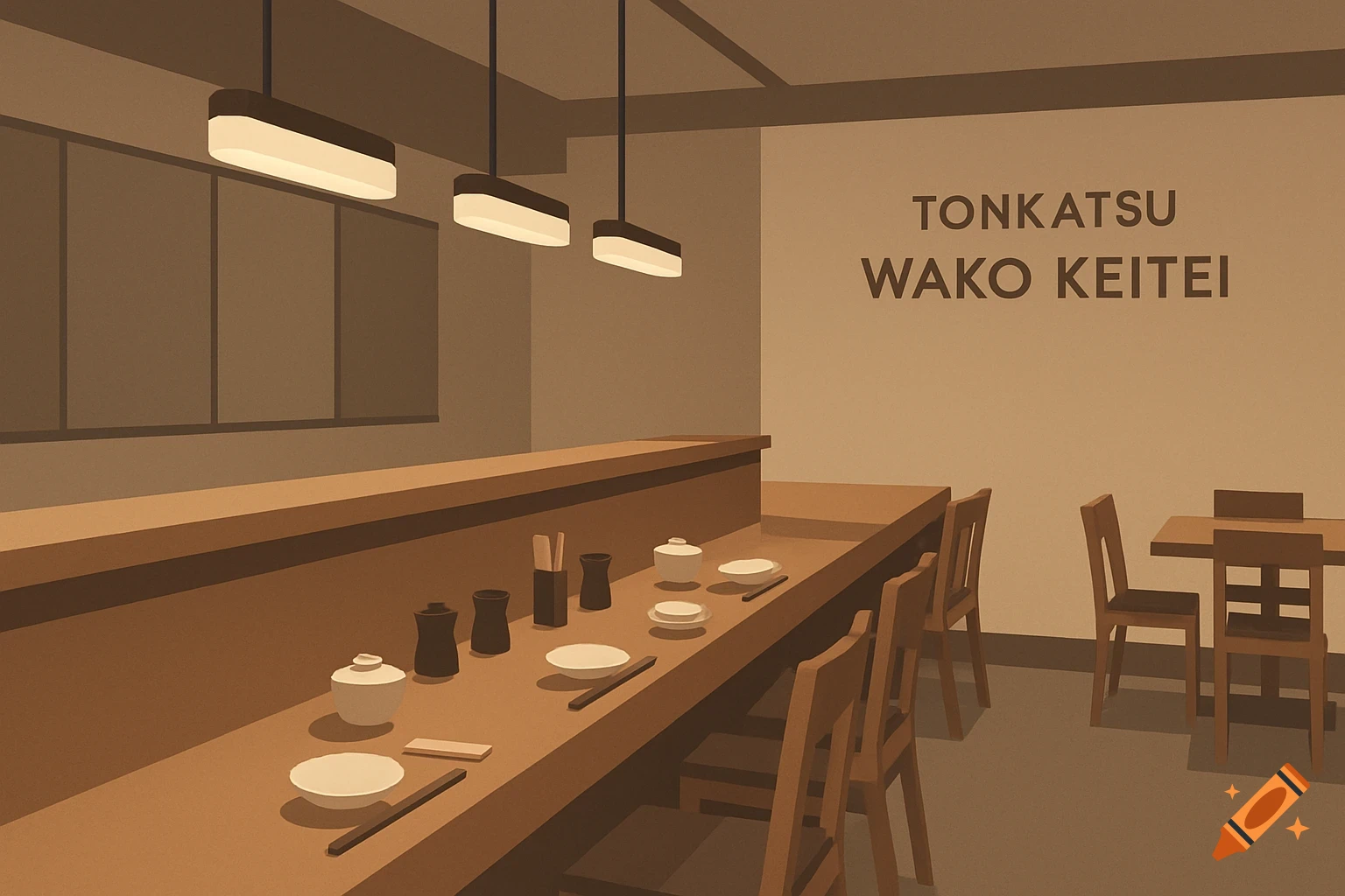 Flat vector illustration of a minimalist Japanese restaurant interior, featuring a long counter with place settings and separate tables, with the name "TONKATSU WAKO KEITEI" on the wall.