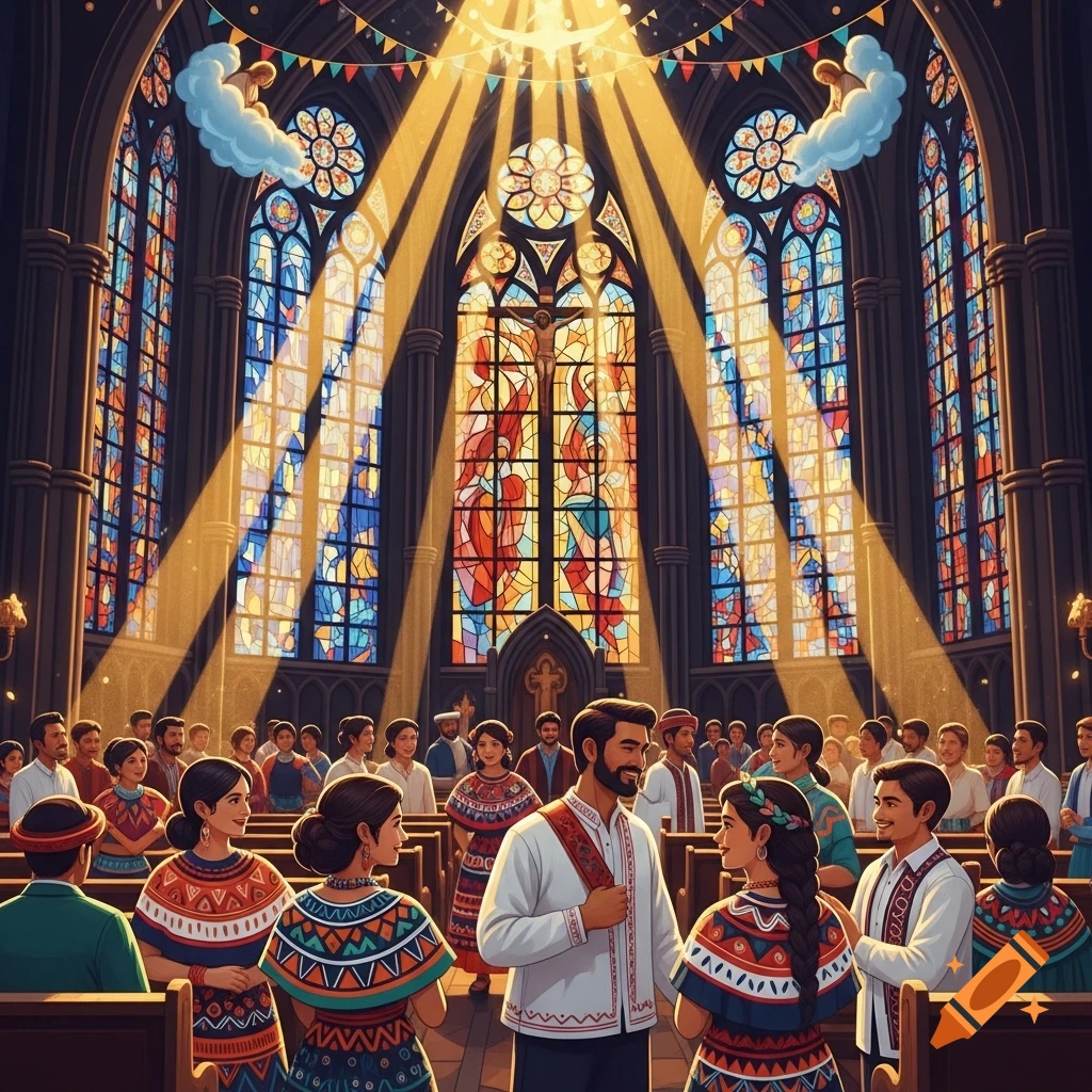 Stylized illustration of people in traditional attire gathered in a vibrant church with large stained glass windows and dramatic light rays.