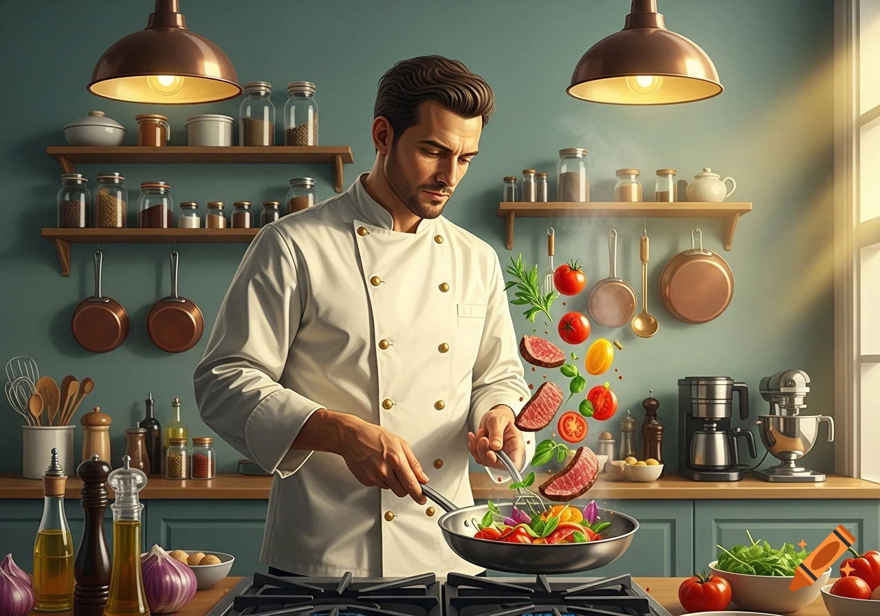 A male chef in a white uniform prepares a meal in a modern kitchen, tossing vegetables and meat in a pan.