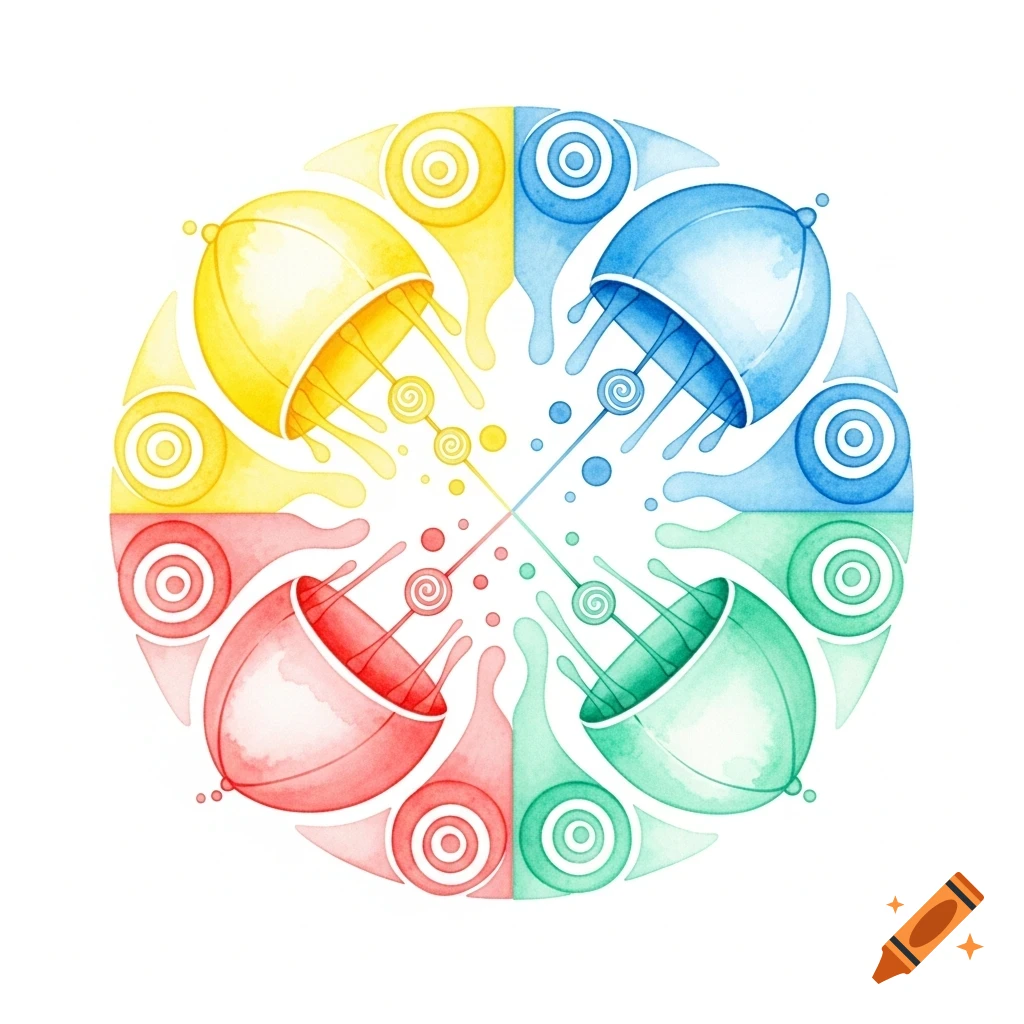 Colorful watercolor mandala design with four inverted umbrella shapes in yellow, blue, red, and green, dripping swirls and dots.