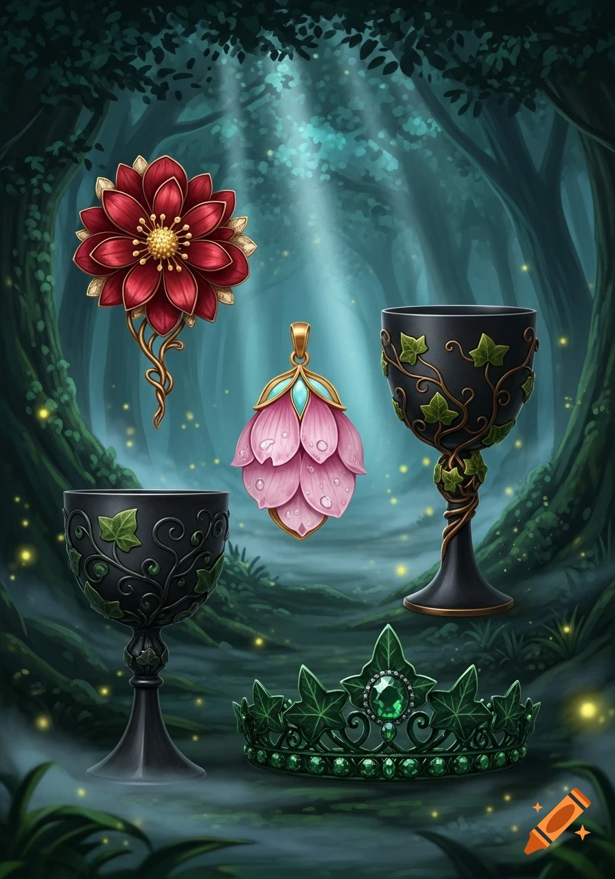Fantasy mystical forest scene with a red flower brooch, pink petal pendant, two black ivy goblets, and a green ivy crown.
