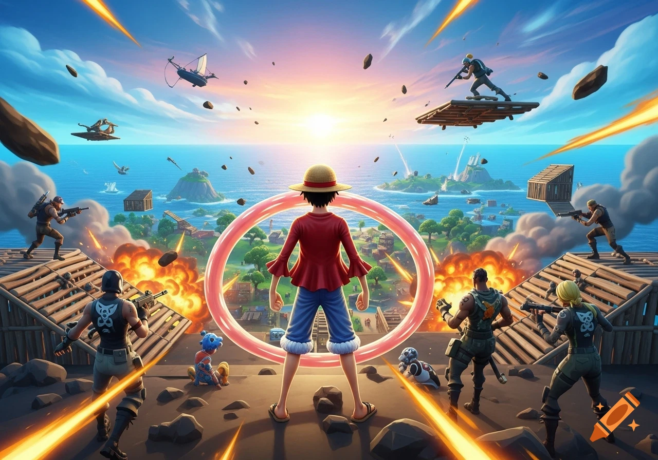 Luffy from One Piece overlooks a Fortnite island with explosions and combatants in a vibrant, stylized art style.