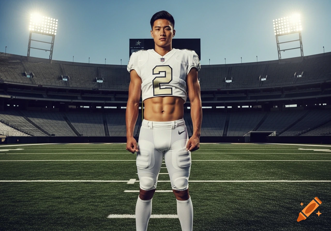 Photorealistic portrait of a muscular Japanese-American NFL player in a white number 2 uniform, standing on a football field.